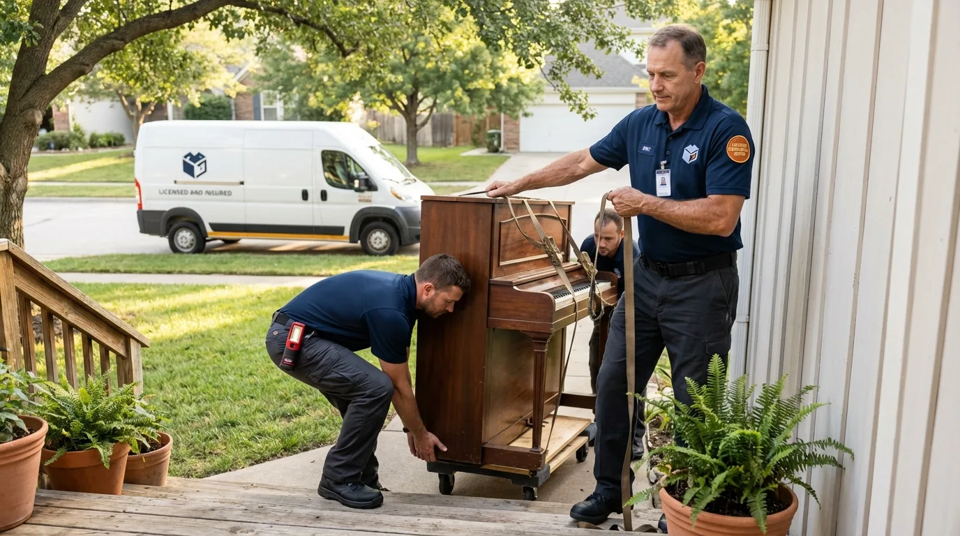 Licensed piano movers securing grand piano in Lincroft, NJ