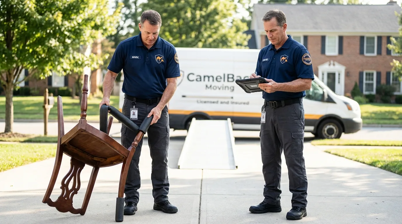 Movers inspecting furniture for damage prevention before loading in Lincroft, NJ