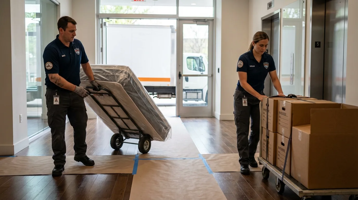Professional apartment movers loading elevator in Lincroft, NJ