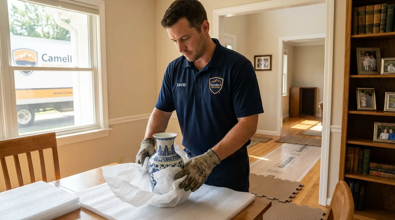 Professional crew carefully wrapping antique vase for senior downsizing move in Lincroft, NJ